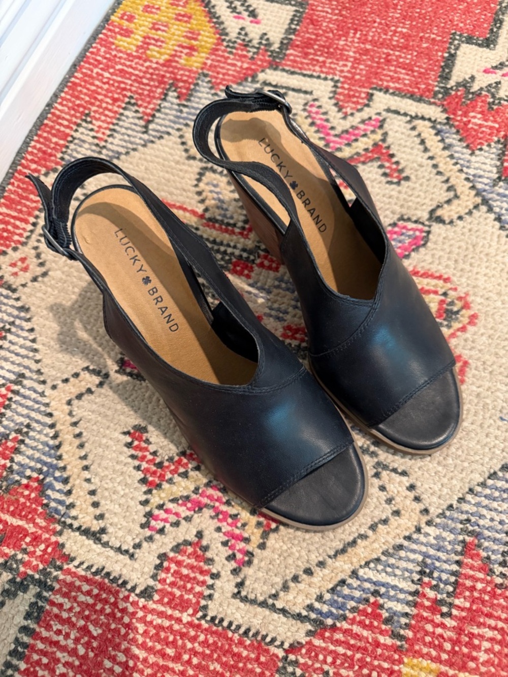 Lucky Brand Black Leather Peep-Toe Slingback Wedges